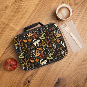 Lonchera de otoño, bolsa de almuerzo con iconos de Halloween con patrón de gatos espeluznantes, fantasmas y calabazas, paquete térmico