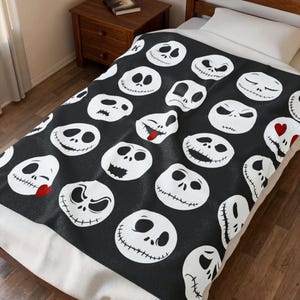 Jack Skellington Faces Blanket | Halloween Skull Pattern Velveteen Throw image 1