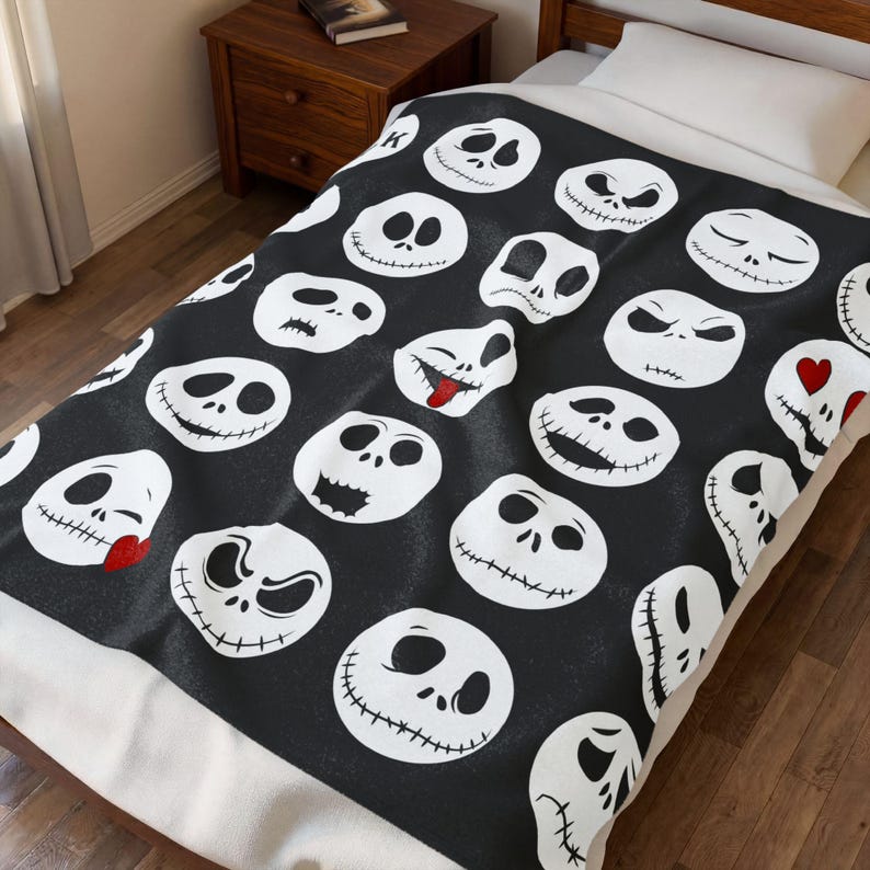 Jack Skellington Faces Blanket | Halloween Skull Pattern Velveteen Throw image 1