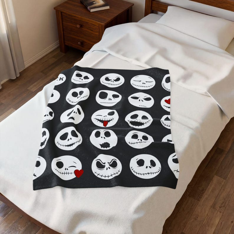 Jack Skellington Faces Blanket | Halloween Skull Pattern Velveteen Throw image 9