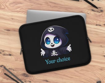 Custodia nera per laptop, design scheletro kawaii, custodia tecnologica per Halloween, borsa protettiva in neoprene