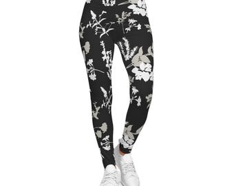 Floral Silhouette Leggings | Black and White Fitness Tights