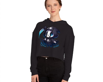 Goth hoodie crop, spooky streetwear, edgy casual wear, dark fashion top, gothic skull pullover