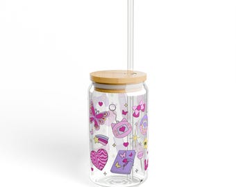 16oz Retro Boombox Glass Tumbler, Hearts Butterflies Love Print, Bamboo Lid (Optional)