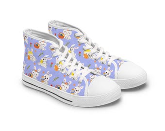 Calzado de Pascua, zapatillas altas con estampado de conejito, zapatos de lona morado pastel.