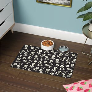 Black skull mat, pet food pad with goth pattern, Halloween small non-skid matting