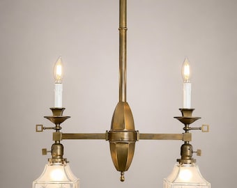 Mission Style Combination Chandelier, Antique Brass Ceiling Light Fixture, Vintage Arts & Crafts Glass Shades
