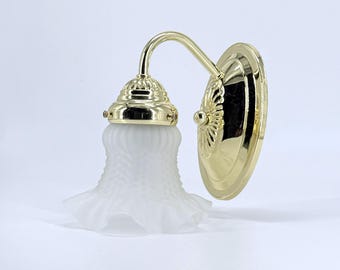 Vintage Brass Single Arm Wall Sconce, Frosted Ruffled Glass Shades, Traditional Lighting
