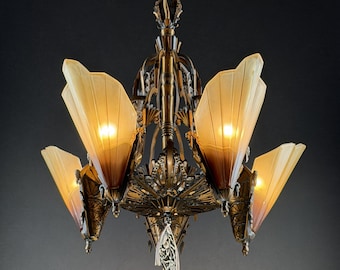 Antique Art Deco 5-Light Slip Shade Chandelier Mid West Soleure 1930s Rewired