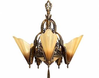 Original Art Deco Slip Shade Chandelier, 6-Light Soleure Series