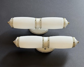 Vintage Mid-Century Bathroom Vanity Lighting Pair, Art Deco Ribbed Milk Glass Wall Fixture