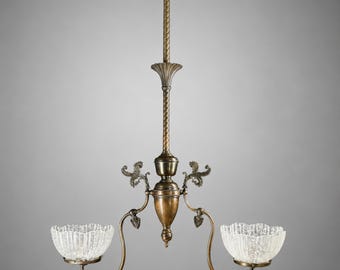 Antique Victorian 2-Light Chandelier, Rewired Brass Ceiling Light w/ Etched Glass Shades, Vintage Lighting Fixture