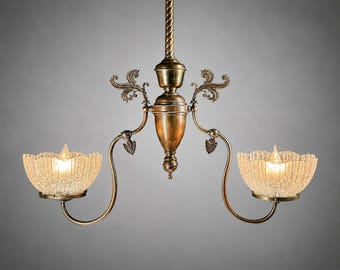 Antique Victorian Brass Chandelier, Rewired 2-Light Fixture, Etched Glass Shades