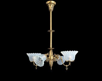 Antique Brass Chandelier with Opalescent Glass Shades, Victorian Light Fixture