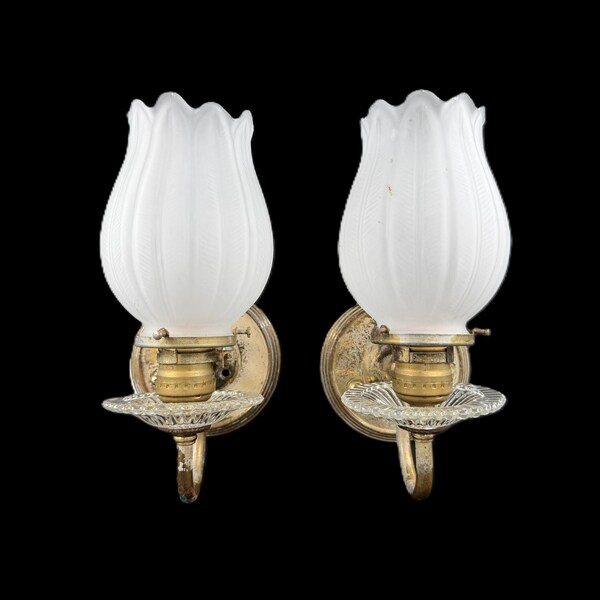 Pair of Vintage Shabby Chic Wall Sconces - Frosted Tulip Shades