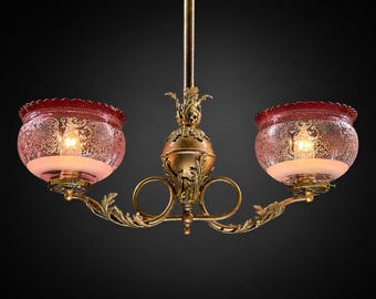 Antique Victorian Brass Chandelier, Clear & Cranberry Etched Glass Shades, Ornate Antique Ceiling Fixture Rewired