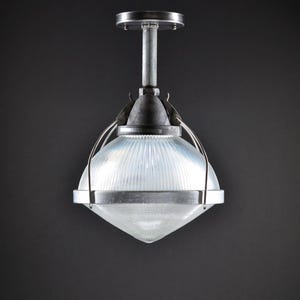 Vintage Holophane Pendant Light, Prismatic Glass Shade, Steel Pole Suspension Lamp, Industrial Light Fixture