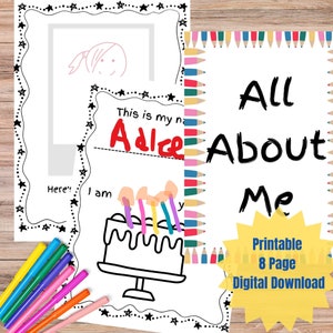 Peut inclure: Un livret imprimable "Tout sur moi" de 8 pages pour les enfants. Le livret présente une illustration en noir et blanc d'un gâteau d'anniversaire avec des bougies, un espace vide pour un autoportrait et un espace pour écrire le nom de l'enfant. Le texte "Tout sur moi" est écrit en noir sur fond blanc.