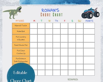 Kids Chore Chart/ Printable/ Digital Download/ Editable Template/ Boy's Chore Chart/ Monster Truck, Dinosaur Template Theme