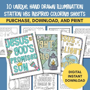 Könnte beinhalten: Eine Sammlung von zehn einzigartigen, handgezeichneten Malvorlagen mit dem Text "10 UNIQUE, HAND DRAWN ILLUMINATION STATION VBS INSPIRED COLORING SHEETS PURCHASE, DOWNLOAD, AND PRINT". Die Blätter zeigen religiöse Themen und Sätze, mit einem gelben Kreis mit der Aufschrift "DIGITAL INSTANT DOWNLOAD".