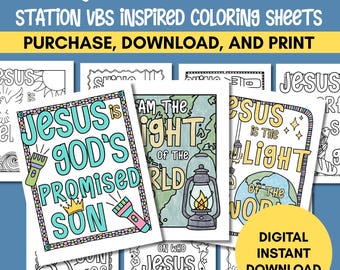 Dibujos para colorear inspirados en la Escuela Bíblica de Vacaciones de Illumination Station / 10 láminas para colorear dibujadas a mano / Descarga digital instantánea