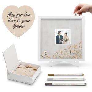 Wedding Guest Book Alternative -Wooden Wedding Heart Guest Book Drop Box -Guest Book Wedding Reception w/ Frame, Stand, Hearts, & 3 Pens