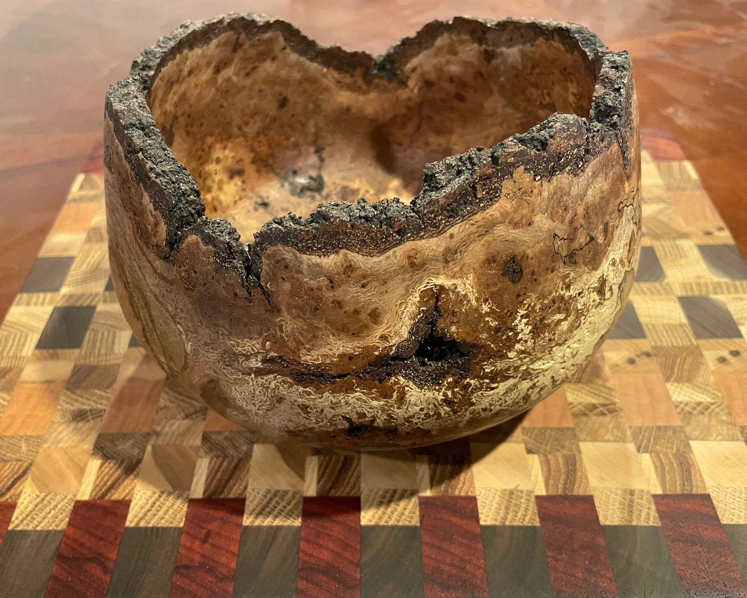 Large Red Oak Burl Wood Bowl Live Edge Hand Turned on Lathe