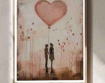 romantic couple balloon art print pink heart wall decor valentines day gift