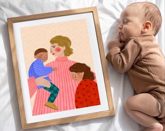 mum an boy and girl motherhood art print sibling poster woman and children illustration kids room art