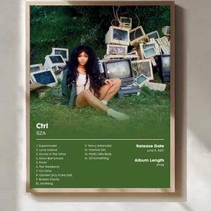 Puede incluir: Un póster enmarcado con el álbum "Ctrl" de SZA. La imagen muestra a SZA sentada frente a una pila de antiguos monitores de ordenador. El póster incluye la lista de canciones del álbum, la fecha de lanzamiento y la duración del álbum.