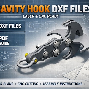 May include: A 3D rendering of a gravity hook, with the text "GRAVITY HOOK DXF FILES" in orange and white. The image includes DXF files, a PDF guide, and assembly instructions. The hook is gray with yellow accents, and the background is a blueprint design.