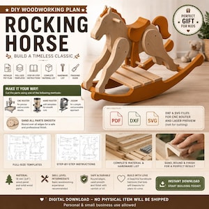 May include: A DIY woodworking plan for a wooden rocking horse, featuring text headers, icons for tools, and diagrams. The image displays a light-coloured wooden rocking horse with a brown seat and rockers, alongside digital file icons for PDF, DXF, and SVG.