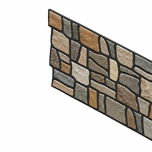 May include: A rectangular wall panel featuring a faux stone pattern with irregular, multi-sized stones in shades of tan, gray, and brown. The stones are separated by dark, recessed grout lines, creating a textured, layered appearance.