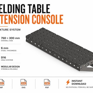 May include: A black metal welding table extension console with a D16 fixture system. The unit measures 750 by 300 mm with a 6 mm steel thickness. The design features a modular layout with a grid of holes. Text includes WELDING TABLE EXTENSION CONSOLE.