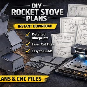 May include: Image of DIY Rocket Stove Plans, featuring a dark grey metal stove model, blueprints, and a CNC machine. Text includes "DIY Rocket Stove Plans" and "Instant Download". Plans offer detailed blueprints, laser cut files, and are easy to build.
