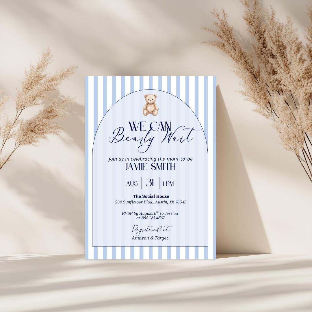 Editable Teddy Bear Baby Shower Invitation | Canva Template (digital ...