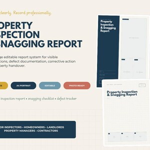 Peut inclure: Un rapport d'inspection et de suivi de chantier de 55 pages modifiables au format portrait A4. Le document présente des sections bleu foncé et blanches pour consigner les observations, les défauts et les actions correctives pour les propriétaires.