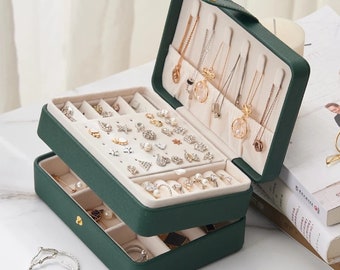 Organiseur de bijoux de voyage, petit organisateur de bijoux en cuir PU pour femmes filles, porte-bijoux portable 2 couches pour boucles d'oreilles, bagues