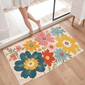 Tapis de cuisine fleuris bohèmes colorés pour sol Tapis de cuisine bohème vintage à fleurs, tapis antifatigue antidérapant, coussin sur pied confortable