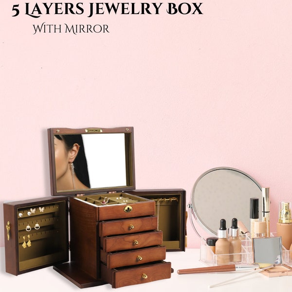 5-Layer Wooden Jewelry Organizer, Large Jewelry Box Storage Case, Earring Bracelet Necklace Rings Jewelry Collection, for Lover for Mother