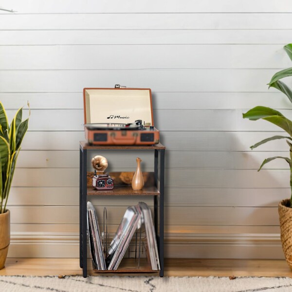 3 Tier End Table Record Player Stand with Storage of Up to 100 Albums Turntable Stand for Vinyl Brown Records Shelf for Living Room Bedroom