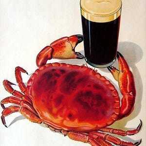 May include: Vintage Guinness Time advertisement featuring a pint of Guinness stout held by a red crab. The text "GUINNESS TIME" is at the top, with "Have this one with me!" at the bottom. The image has a retro style.