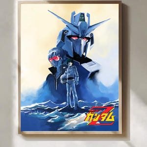 Może przedstawiać: Oprawiony plakat przedstawiający niebieską głowę robota, pilota i japoński tekst "Gundam Z". Grafika ma niebiesko-białą kolorystykę z jasnym ż&oacute;łtym tłem. Plakat jest w drewnianej ramie.