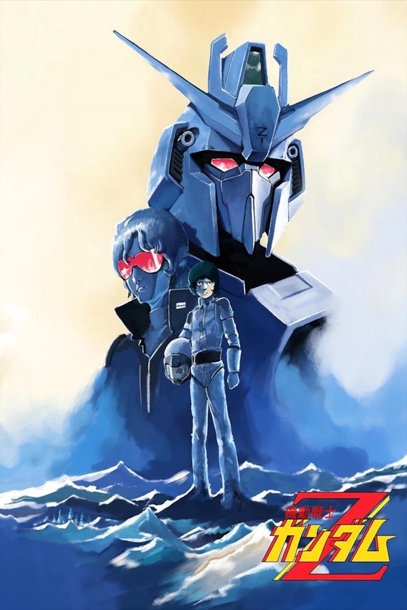 Może przedstawiać: Ilustracja niebieskiego robota z pilotem i drugą postacią z przodu. Robot ma literę Z na głowie. Pilot trzyma hełm. Japoński tekst na dole brzmi "Mobile Suit Z Gundam."