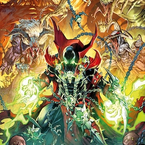 May include: A comic book illustration featuring a central armored figure in a black and red suit with a flowing cape, surrounded by glowing green energy, chains, and various monstrous creatures in a fiery, chaotic, and dark fantasy environment.