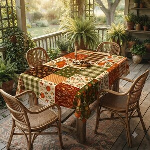 Mantel de retazos otoñales, mantel con calabazas, hojas de arce y girasoles, decoración de comedor otoñal estilo granja, mantel de Acción de Gracias