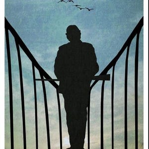 May include: A silhouetted figure stands on a wooden platform, framed by black railings, with birds in flight against a blue sky. The image evokes a sense of solitude and reflection.