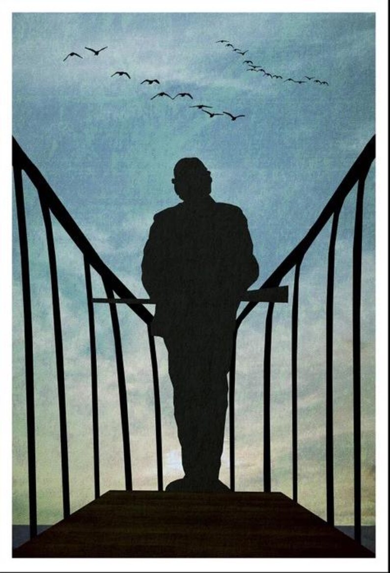 May include: A silhouetted figure stands on a wooden platform, framed by black railings, with birds in flight against a blue sky. The image evokes a sense of solitude and reflection.