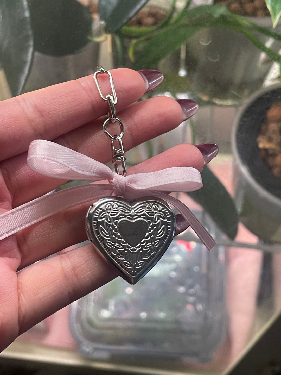 Buy Custom Heart Locket Keychain: Silver Finish, Pink Bow Online in India
