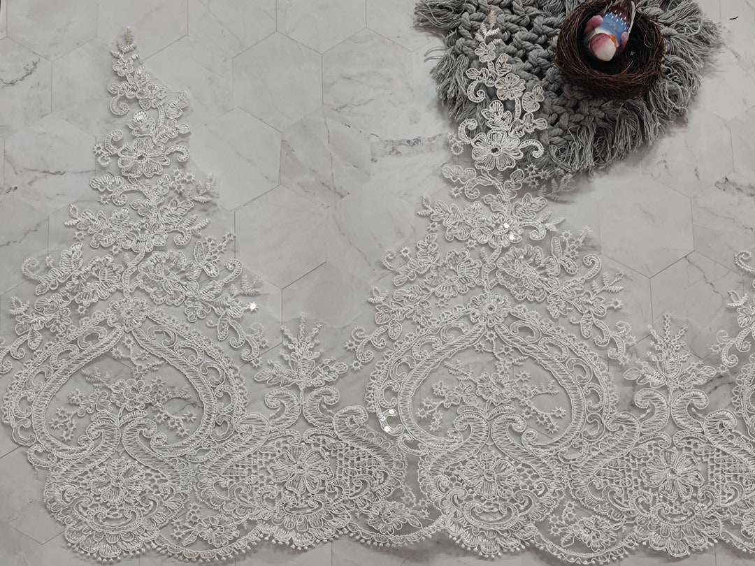 Luxury Wedding Sequin Lace Trim, 1 Yard Sequin Lace Fabric, White Ivory Sequin Lace Fabric